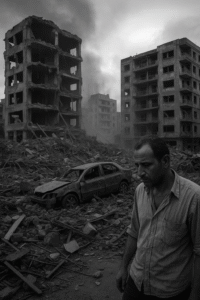 A somber photo of civilian damage after Beirut airstrikes.