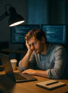 A tired IT employee at a desk, symbolic of overwork 
