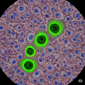 Microscope image highlighting natural killer cells in liver tissue