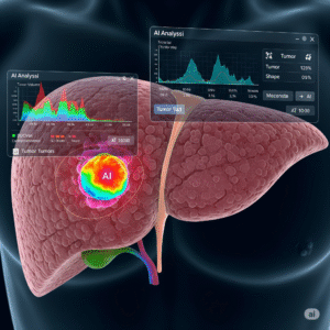 A visual showing AI technology analyzing a liver tumor
