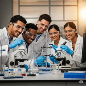 A smiling doctor or team of researchers in a lab setting. 