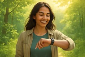 A young woman enjoying nature while wearing a smart health tracker representing the future of wellness in 2025. 