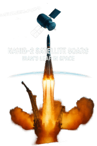 Soyuz rocket launching at dawn carrying Iran’s Nahid-2 satellite, with Earth’s atmosphere and a symbolic satellite orbit in the background. Iranian and Russian flags blended in sky, symbolizing international space collaboration.