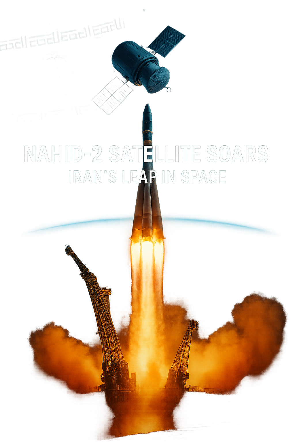 Soyuz rocket launching at dawn carrying Iran’s Nahid-2 satellite, with Earth’s atmosphere and a symbolic satellite orbit in the background. Iranian and Russian flags blended in sky, symbolizing international space collaboration.