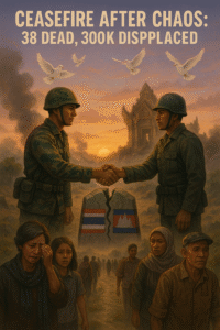 "Thai and Cambodian soldiers shaking hands at a war-damaged border as peace returns after deadly conflict, with civilians returning home and doves flying in the sunrise."