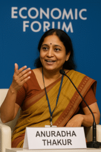 Anuradha Thakur speaking at an economic forum