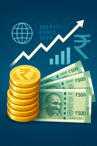Rupee currency and digital economy symbols representing India's economic growth.